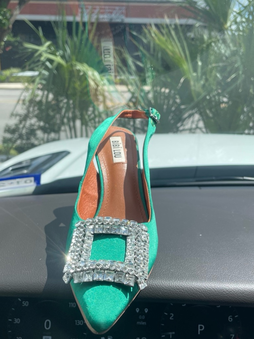 BiBi LOU Green Satin Slingback Heel with Crystal Square Buckle